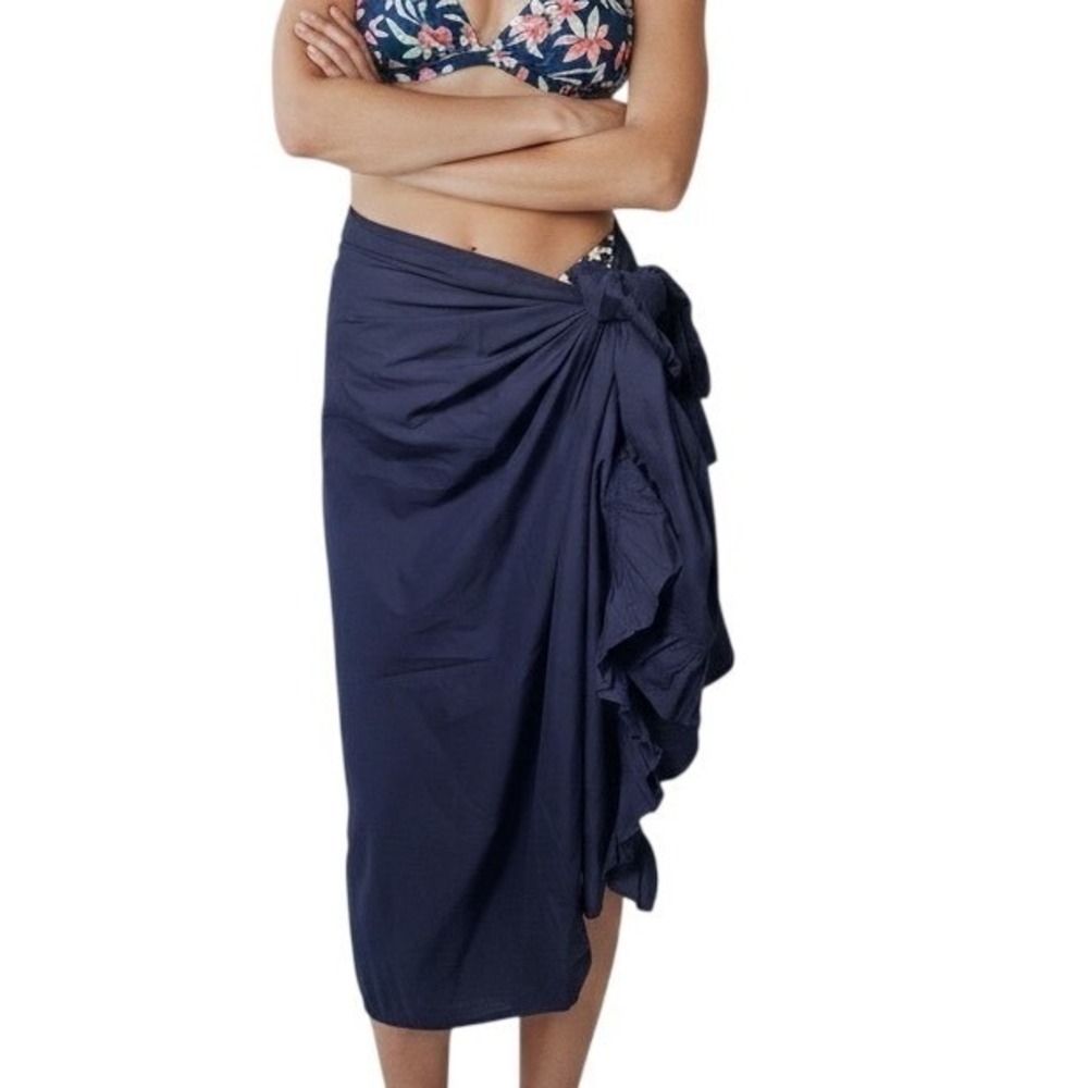 Sunshine Tienda Sarong Womens Navy Blue Ruffle Cotton Beach 5 Way Wrap Coverup